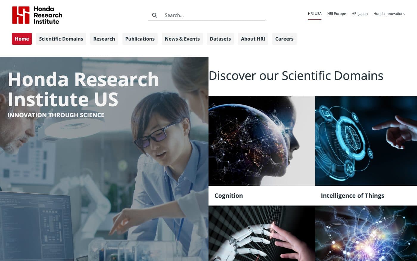 The Honda Research Institute USA homepage on desktop: “Honda Research Institute US, Innovation Through Science”, the main menu with Datasets, and “Discover our Scientific Domains” with Cognition and Intelligence of Things