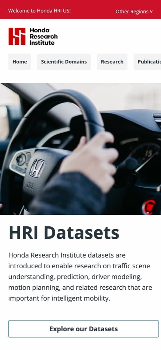 The HRI Datasets page on a phone: a hand on a Honda steering wheel, “HRI Datasets” and an “Explore our Datasets” button