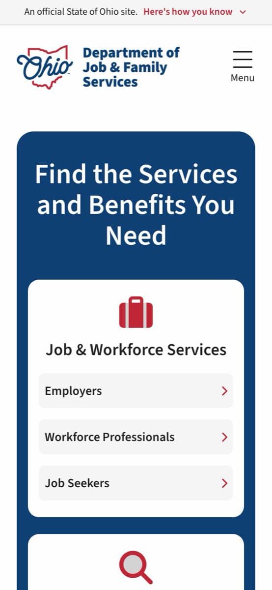The jfs.ohio.gov homepage on a phone