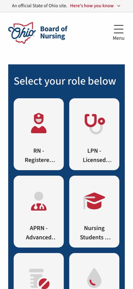 The nursing.ohio.gov home page on a phone: “Select your role below”, with the role cards two to a row