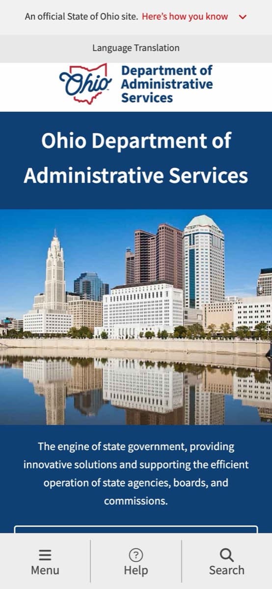 The Ohio Department of Administrative Services home page on a phone: the agency logo, the department’s name in white on Buckeye Blue and the Columbus skyline, with Menu, Help and Search at the bottom of the screen
