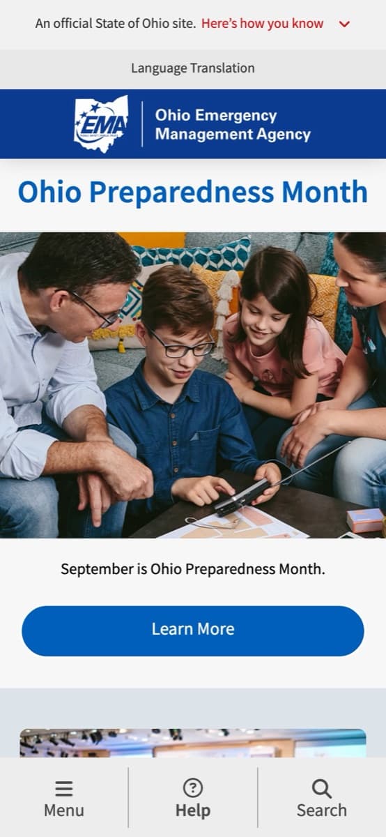 La página de inicio de la Ohio Emergency Management Agency en un teléfono