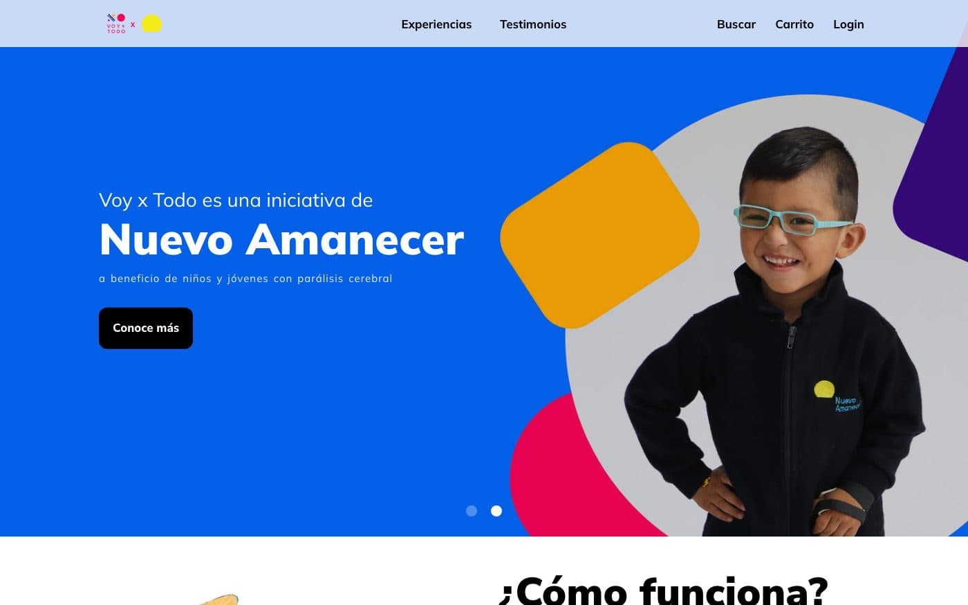 La página de inicio de Voy x Todo en escritorio: “Voy x Todo es una iniciativa de Nuevo Amanecer, a beneficio de niños y jóvenes con parálisis cerebral”, un botón “Conoce más” y un niño sonriente con una chamarra de Nuevo Amanecer