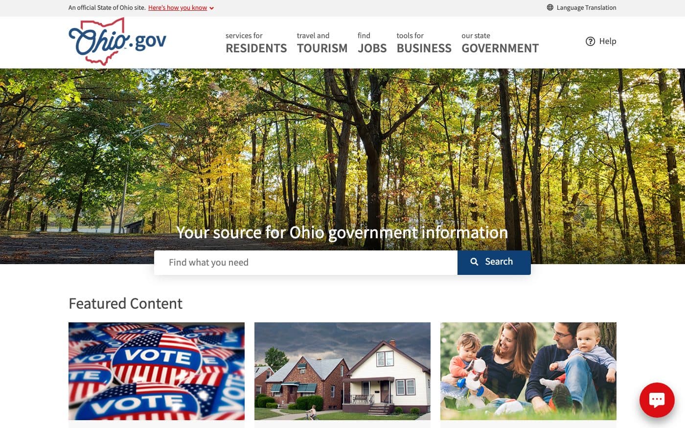 The Ohio.gov homepage on desktop: navigation for services for residents, travel and tourism, find jobs, tools for business and our state government, above a search box, “Find what you need”, and featured content