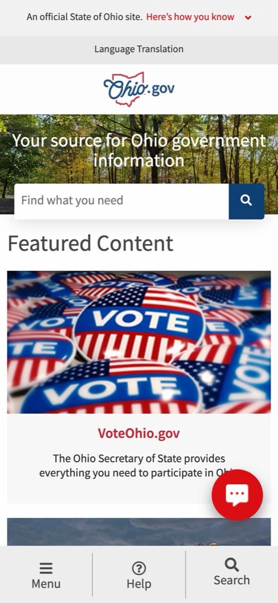 The Ohio.gov homepage on a phone: “Your source for Ohio government information”, a search box and featured content, with Menu, Help and Search at the bottom of the screen