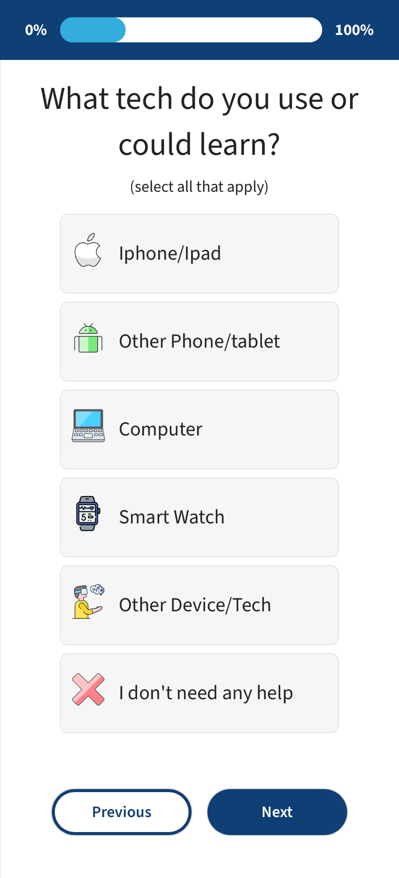 Una pregunta de la Tech Survey en un teléfono: “What tech do you use or could learn? (select all that apply)”, con una barra de progreso y respuestas con imagen para iPhone o iPad, otro teléfono o tableta, computadora, reloj inteligente, otro dispositivo y “I don’t need any help”, además de los botones Previous y Next