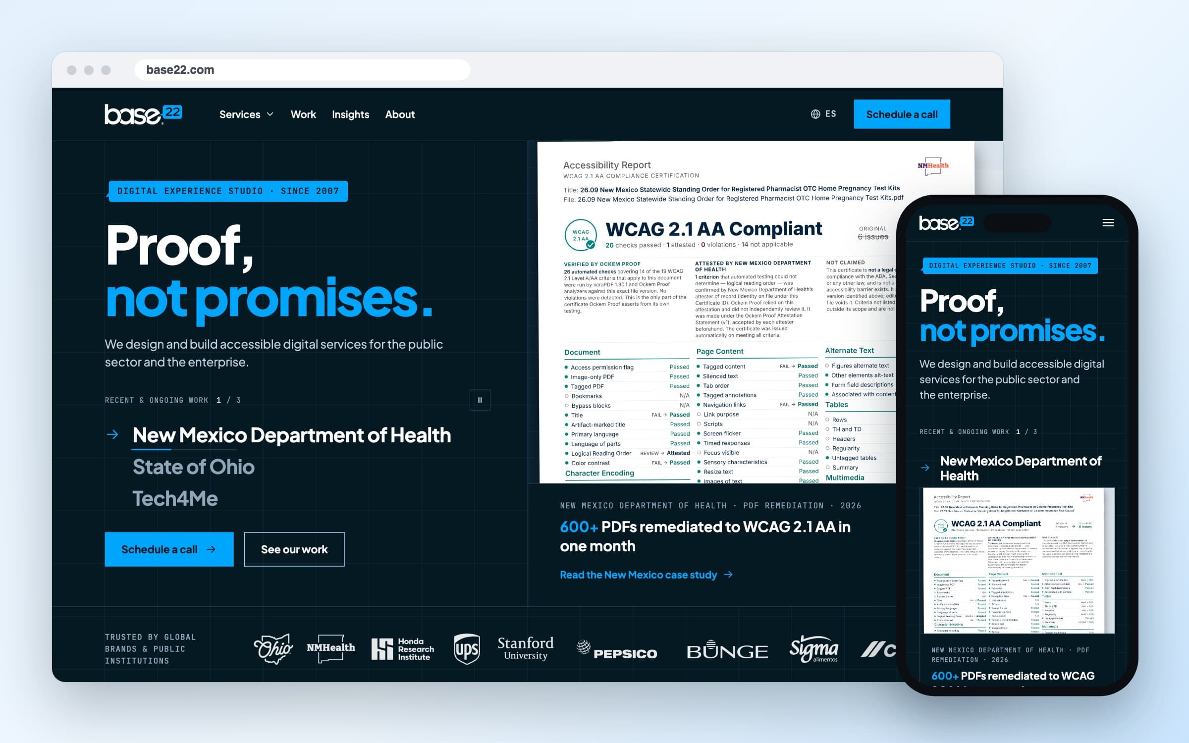 The new base22.com home page in a desktop browser and on a phone, opening with “Proof, not promises.” and recent work for the New Mexico Department of Health, the State of Ohio and Tech4Me.