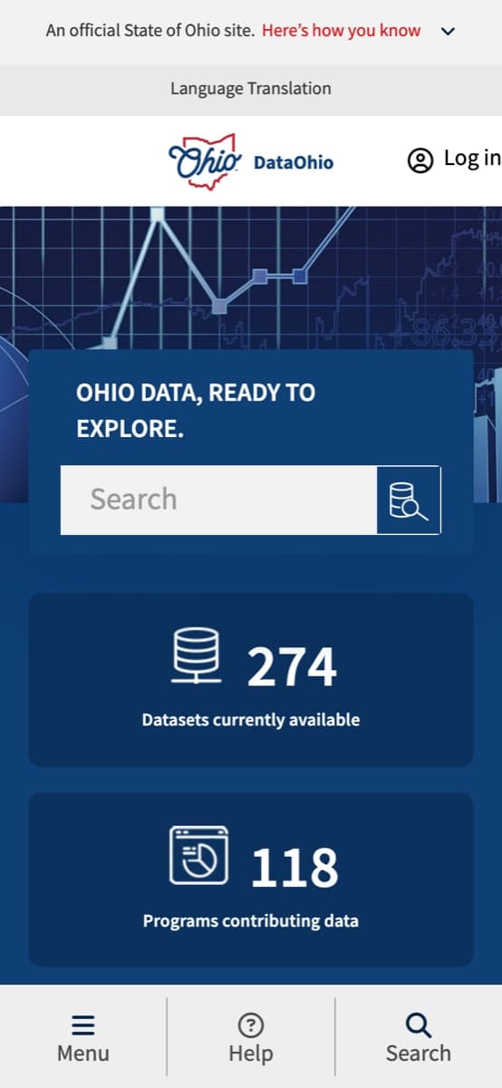 La página de inicio de DataOhio en un teléfono, con el buscador y los contadores de datasets y programas