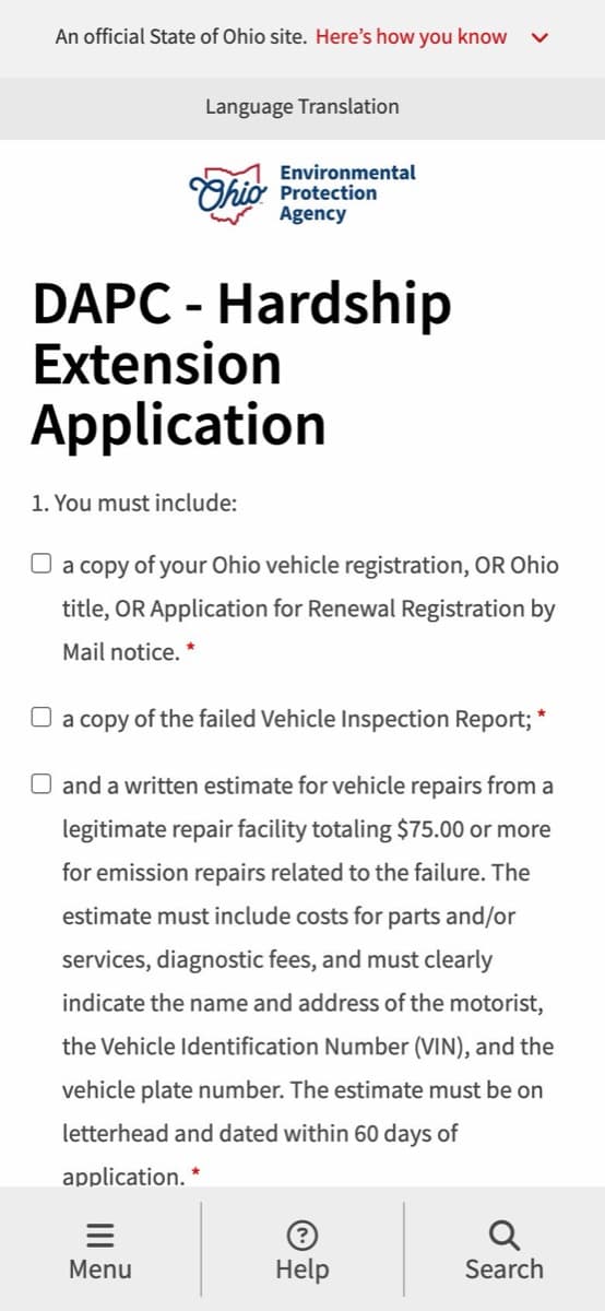 La Hardship Extension Application de E-Check en un teléfono: un formulario en línea que empieza con una lista de lo que hay que incluir, como una copia del Vehicle Inspection Report no aprobado y un presupuesto de reparación por escrito